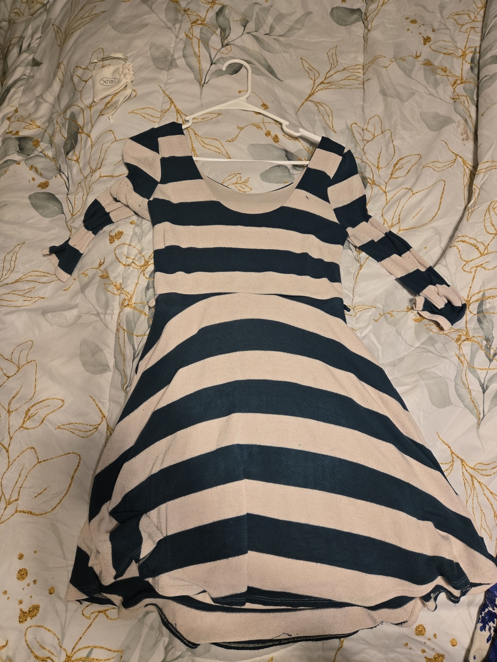 Green and cream striped dress with 3/4 sleeves size junior small